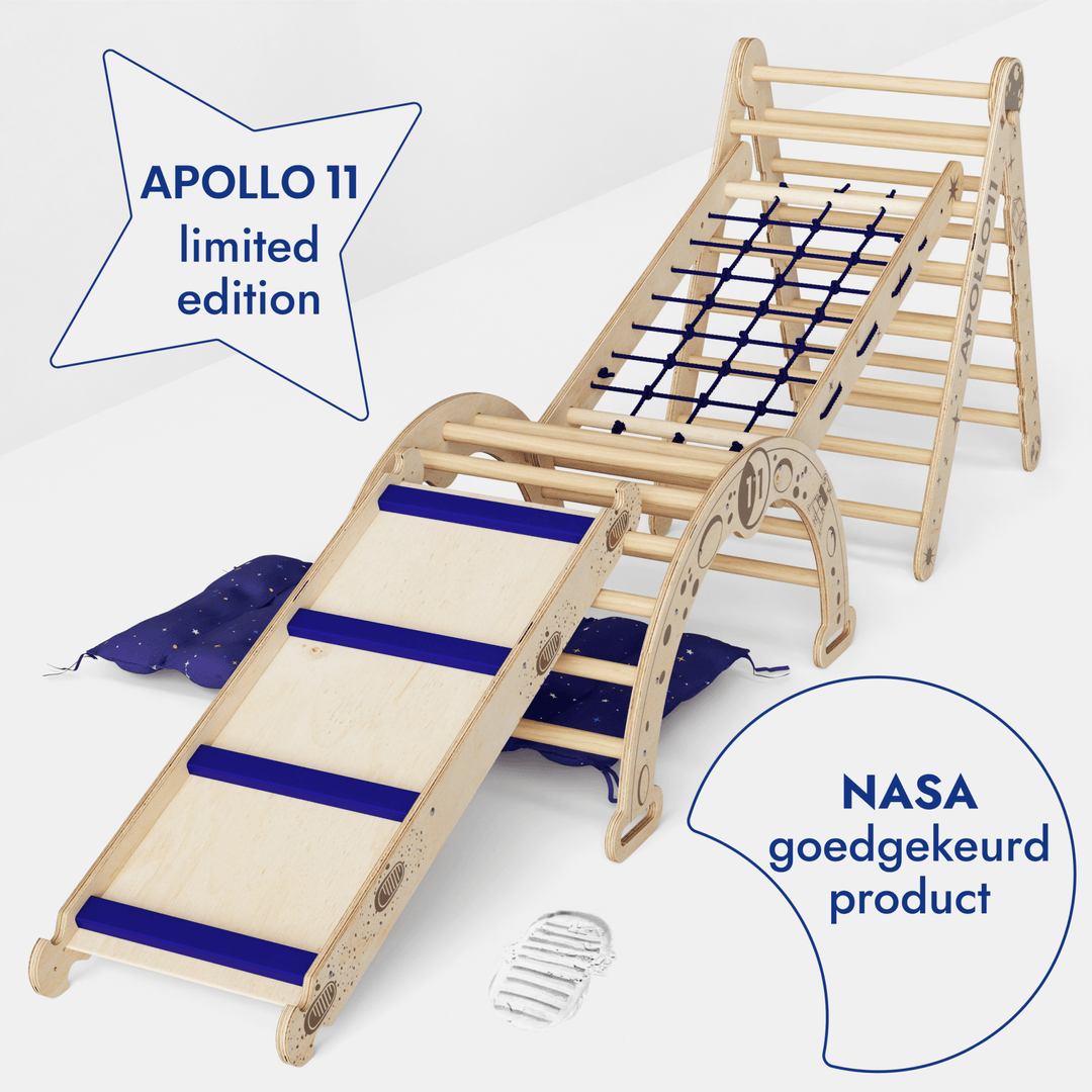 Apollo 5-in-1 Klimset: Pikler Driehoek, Net, Boog, Glijbord en Kussen voor Kleine Astronauten