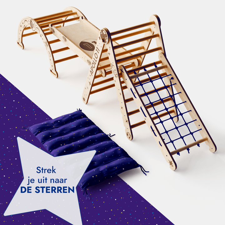 Apollo 5-in-1 Klimset: Pikler Driehoek, Net, Boog, Glijbord en Kussen voor Kleine Astronauten
