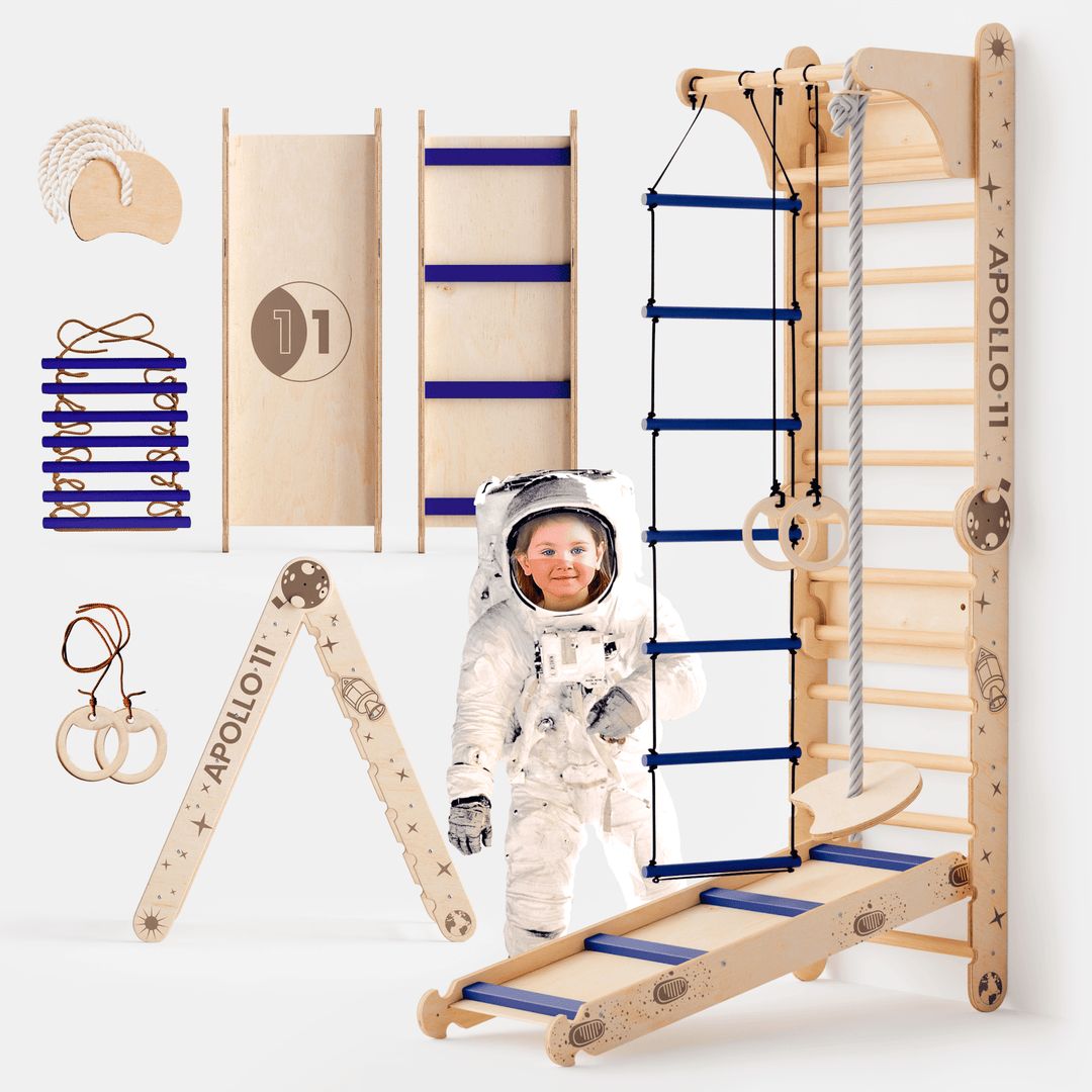 Apollo Zweedse Wand / Klimladder voor Kleine Astronauten + Maanschommel Set + Glijbord