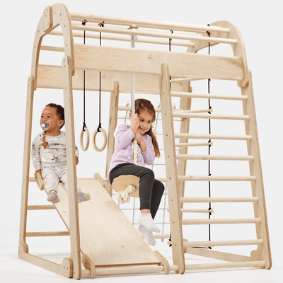 Houten Binnenspeeltuin voor kinderen – 6-in-1 Speeltuin + Schommel set + Glijbaan