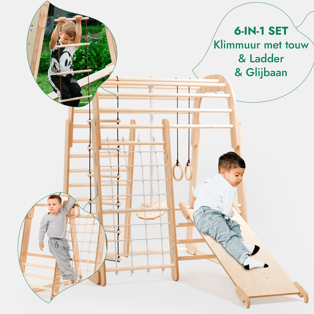 Houten Binnenspeeltuin voor kinderen – 6-in-1 Speeltuin + Schommel set + Glijbaan