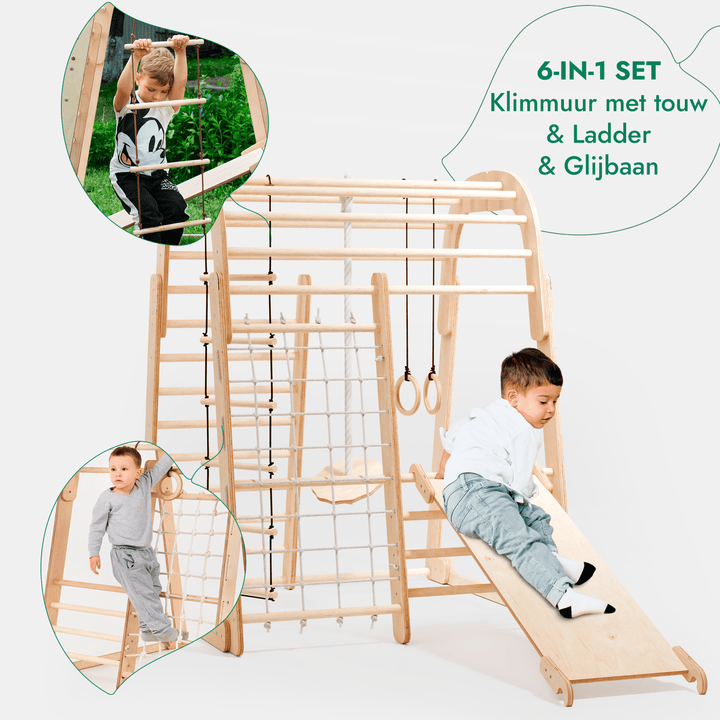 Houten Binnenspeeltuin voor kinderen – 6-in-1 Speeltuin + Schommel set + Glijbaan