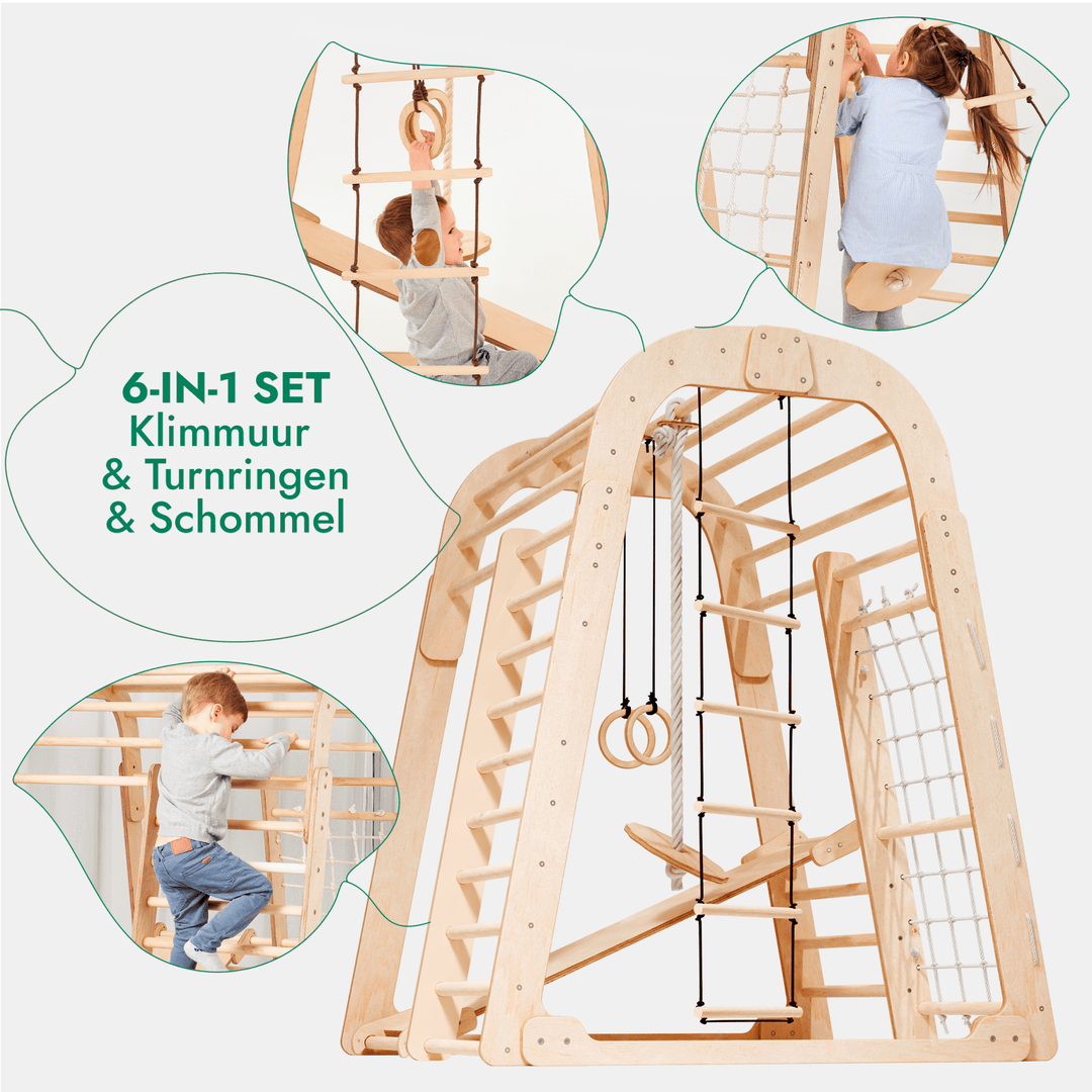 Houten Binnenspeeltuin voor kinderen – 6-in-1 Speeltuin + Schommel set + Glijbaan