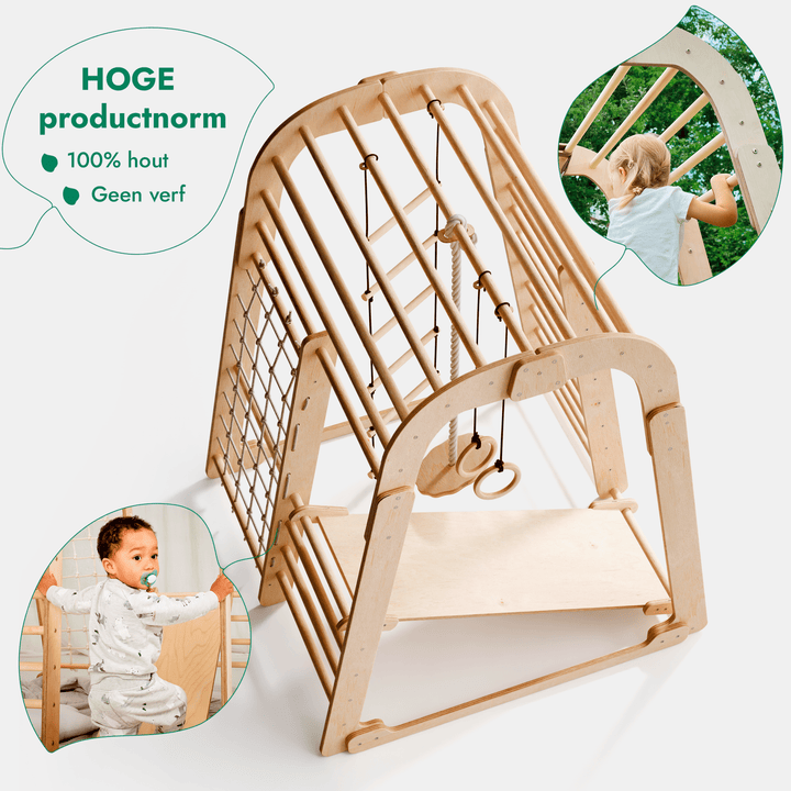 Houten Binnenspeeltuin voor kinderen – 6-in-1 Speeltuin + Schommel set + Glijbaan