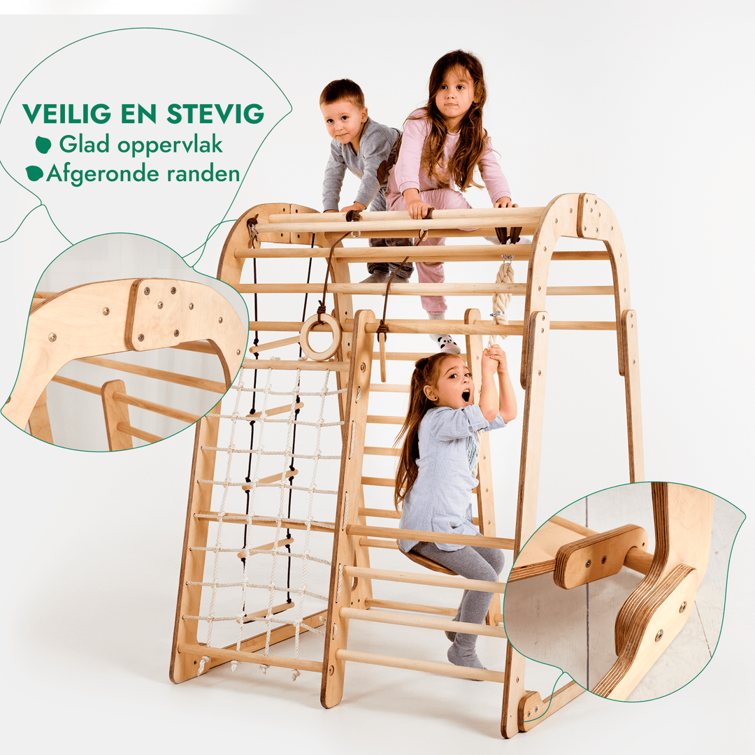 Houten Binnenspeeltuin voor kinderen – 6-in-1 Speeltuin + Schommel set + Glijbaan