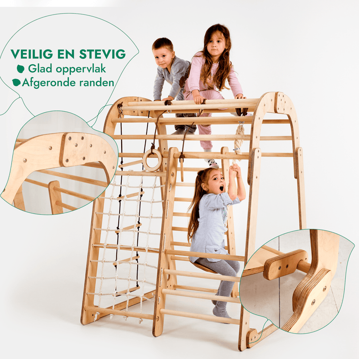 Houten Binnenspeeltuin voor kinderen – 6-in-1 Speeltuin + Schommel set + Glijbaan