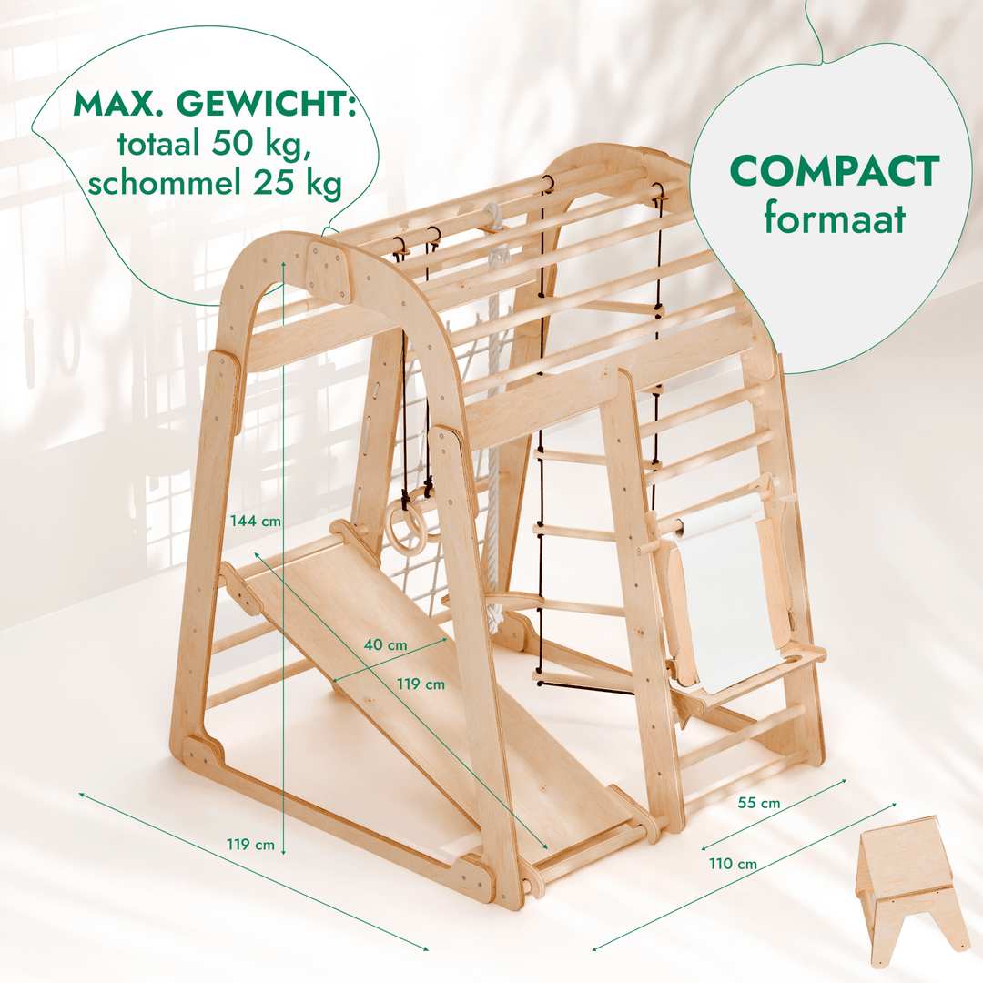 Houten Binnenspeeltuin voor kinderen – 7-in-1 Speeltuin + Schommel set + Glijbaan + Kunsttoevoeging