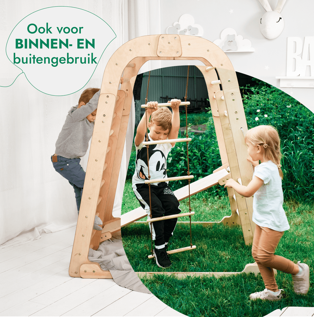 Houten Binnenspeeltuin voor kinderen – 7-in-1 Speeltuin + Schommel set + Glijbaan + Kunsttoevoeging