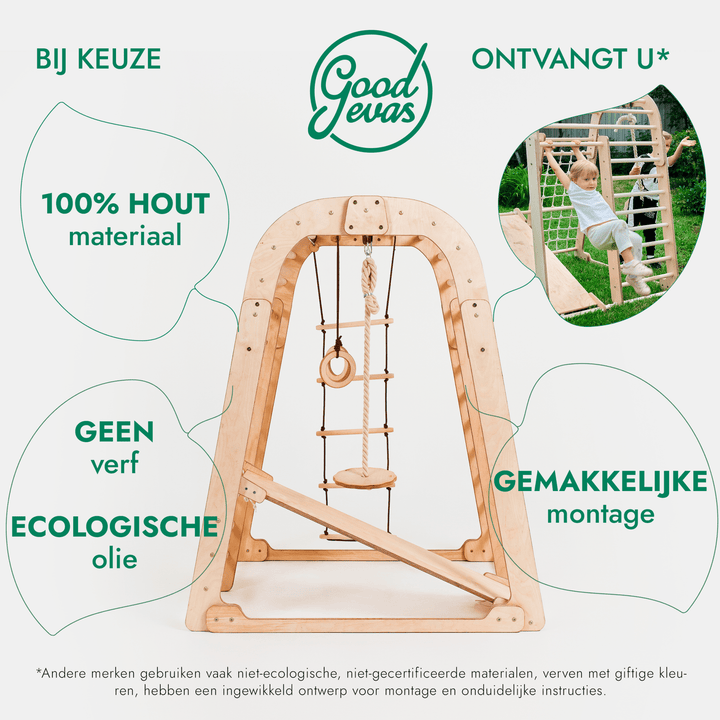 Houten Binnenspeeltuin voor kinderen – 7-in-1 Speeltuin + Schommel set + Glijbaan + Kunsttoevoeging