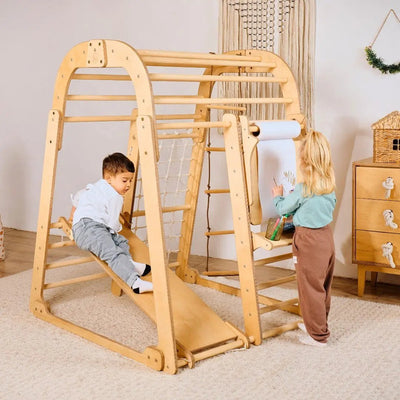 Houten Binnenspeeltuin voor kinderen – 7-in-1 Speeltuin + Schommel set + Glijbaan + Kunsttoevoeging
