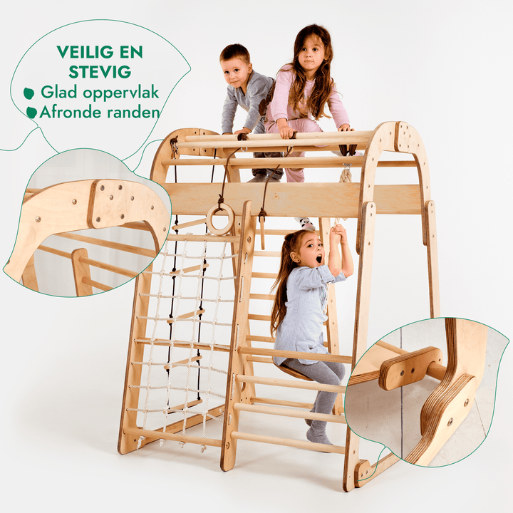 Houten Binnenspeeltuin voor kinderen – 7-in-1 Speeltuin + Schommel set + Glijbaan + Kunsttoevoeging