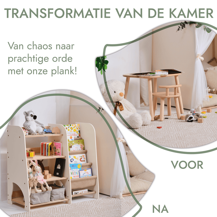 Houten Montessori Planken 2-in-1: Boekenplank & Speelgoed Planken
