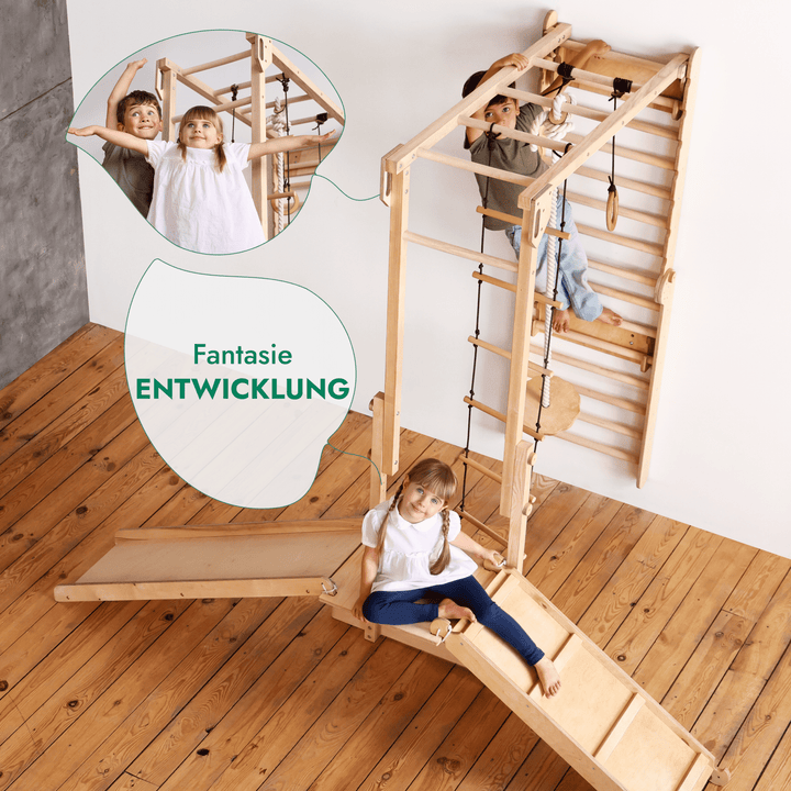 7-in-1 Jungle Speelset voor Kinderen: Zweedse Wand + Apenkooibar + Schommel + Glijbaan + Rampe
