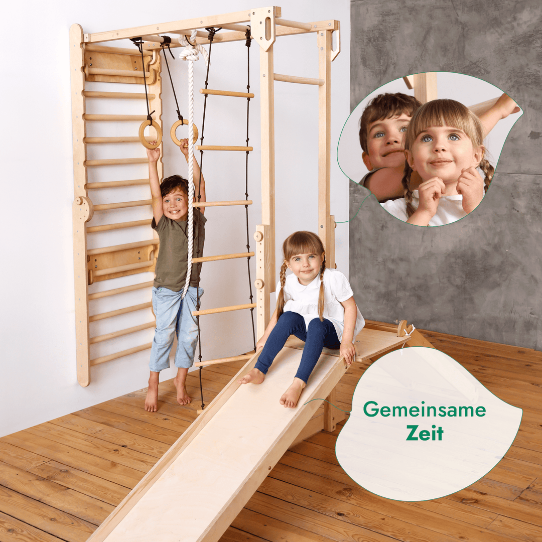 7-in-1 Jungle Speelset voor Kinderen: Zweedse Wand + Apenkooibar + Schommel + Glijbaan + Rampe