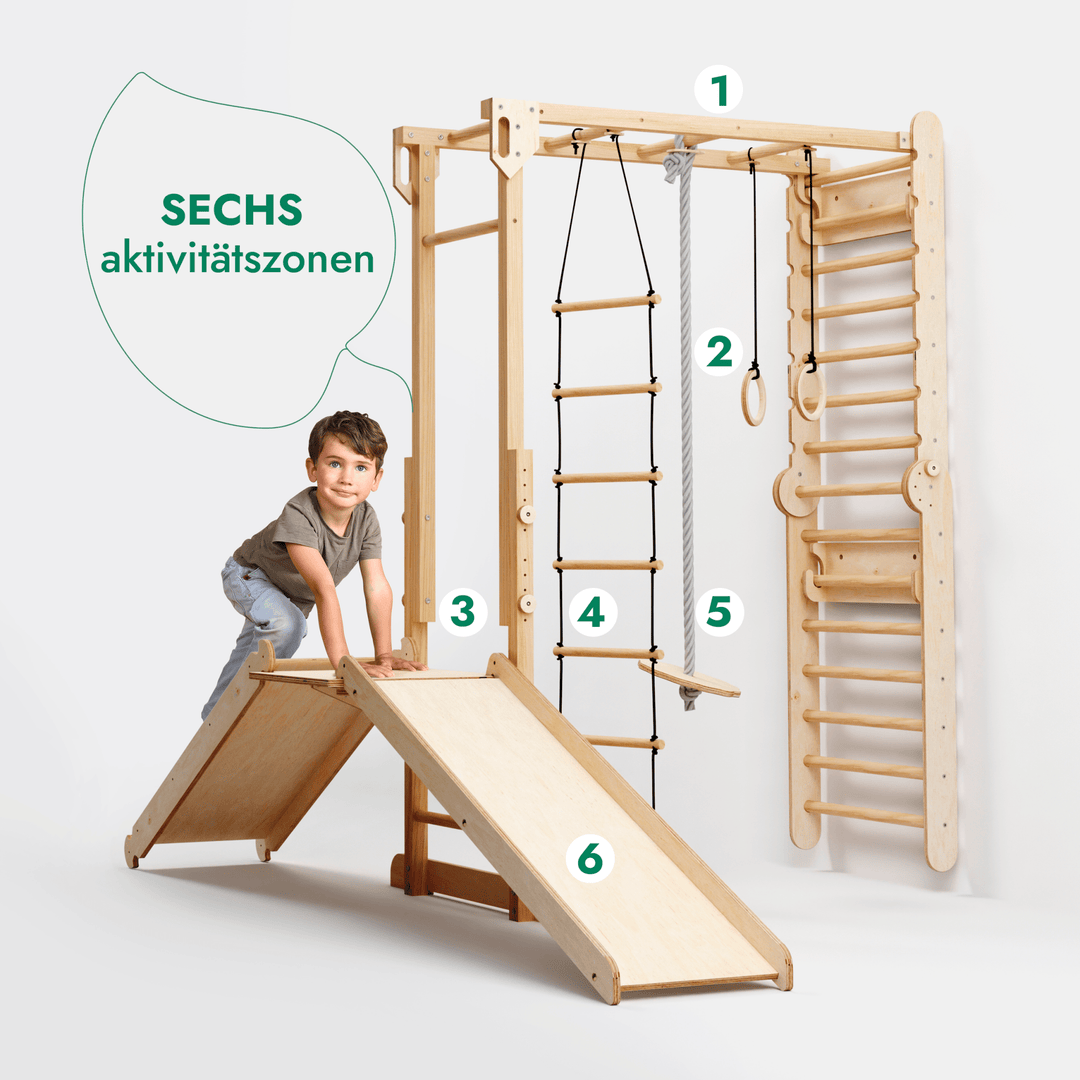 7-in-1 Jungle Speelset voor Kinderen: Zweedse Wand + Apenkooibar + Schommel + Glijbaan + Rampe