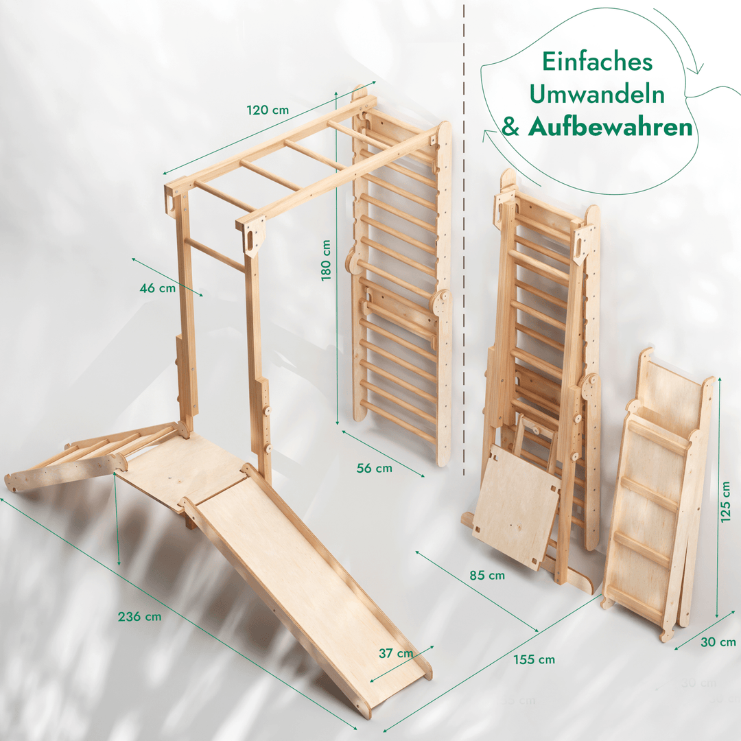 7-in-1 Jungle Speelset voor Kinderen: Zweedse Wand + Apenkooibar + Schommel + Glijbaan + Rampe