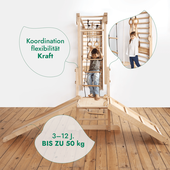 7-in-1 Jungle Speelset voor Kinderen: Zweedse Wand + Apenkooibar + Schommel + Glijbaan + Rampe