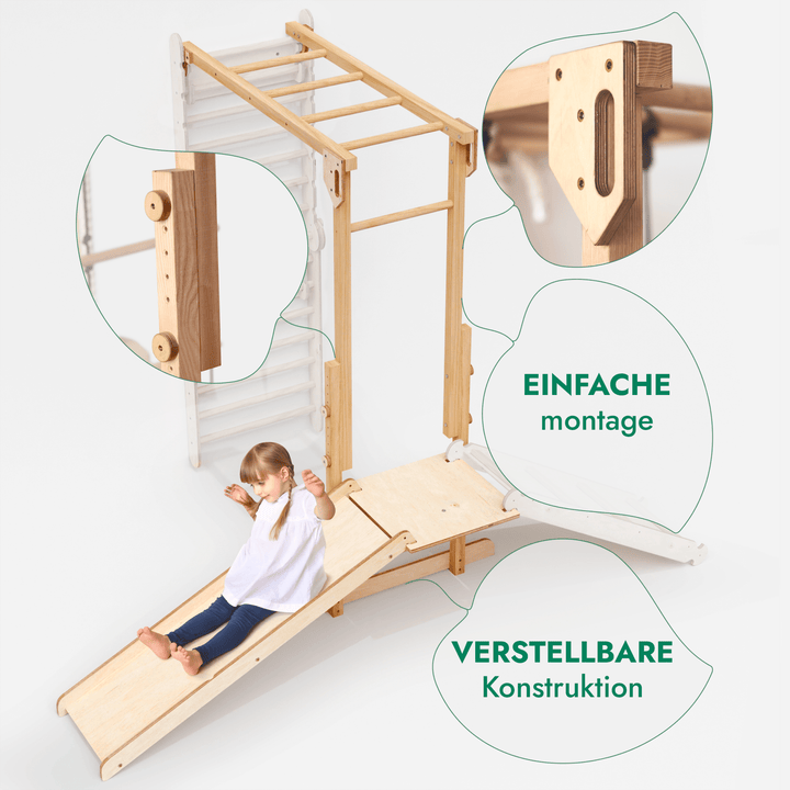 7-in-1 Jungle Speelset voor Kinderen: Zweedse Wand + Apenkooibar + Schommel + Glijbaan + Rampe