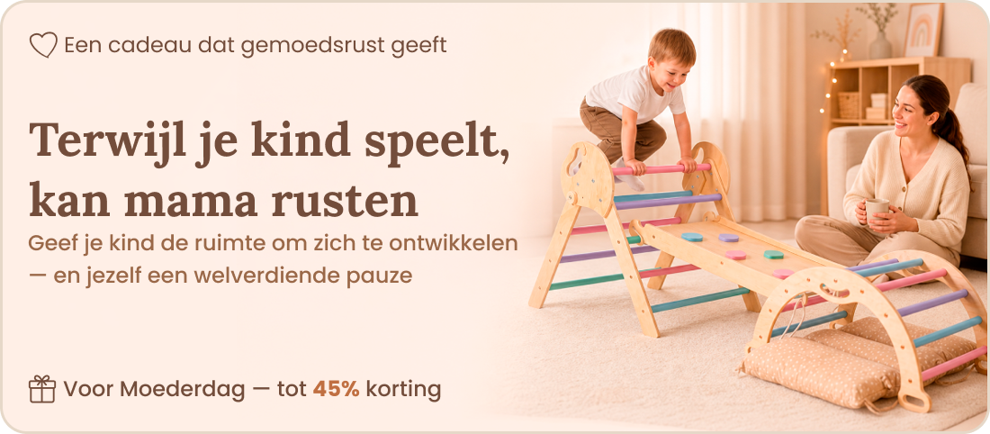 5-in-1 Montessori-Klimrek Set: Driehoek Ladder + Klimboog/Schommelstoel + Glijbaan/Helling + Touwennet + Kussen