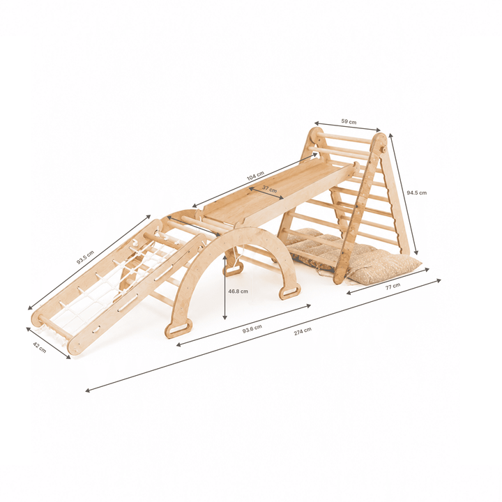 6-in-1 Montessori-Klimrek Set: Driehoek Ladder + Boog/Schommelstoel + Glijbaan/Helling + Net + Kussen + kunsttoevoeging