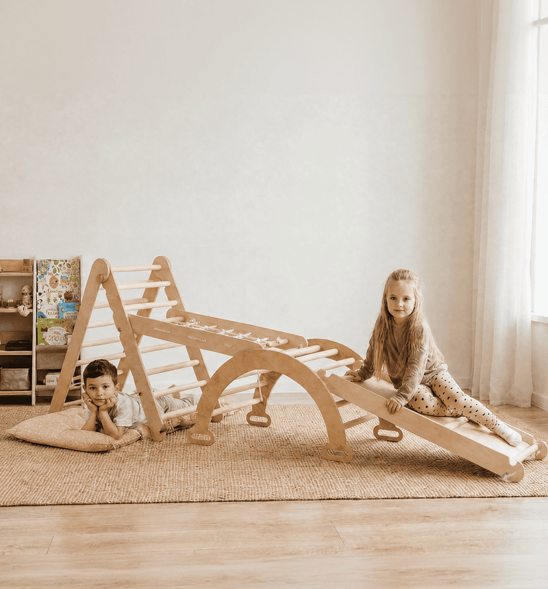 6-in-1 Montessori-Klimrek Set: Driehoek Ladder + Boog/Schommelstoel + Glijbaan/Helling + Net + Kussen + kunsttoevoeging